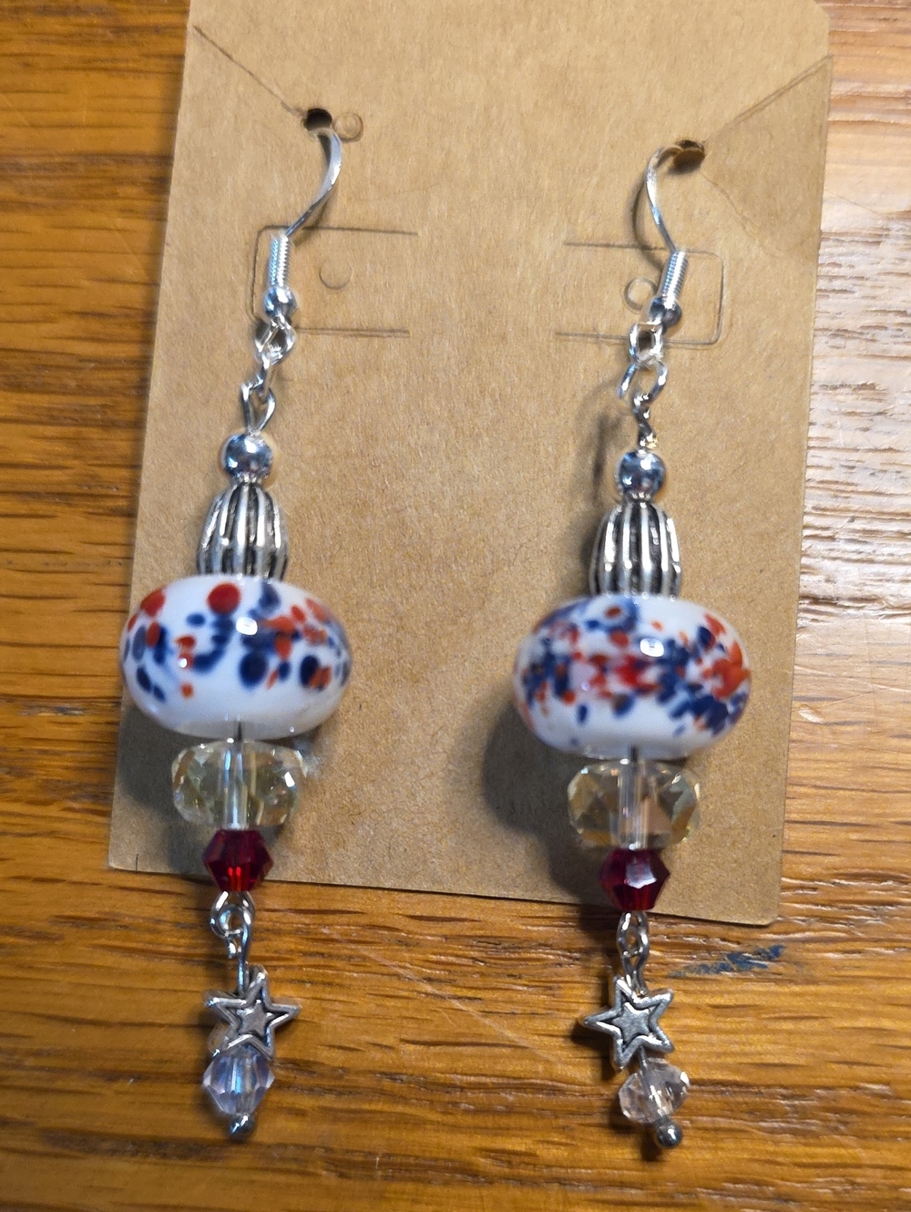 Handcrafted Red & Blue Murano Glass Bead Star Dangle Earrings
